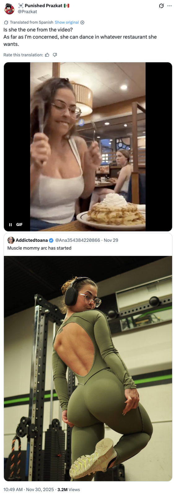 A "quote-tweet":https://knowyourmeme.com/memes/quote-retweets-qrts about Addictedtoana having an "OF":https://knowyourmeme.com/memes/sites/onlyfans account and having gone on a physical fitness journey since her "cringe":https://knowyourmeme.com/memes/cringe "IHOP Dance":https://knowyourmeme.com/memes/addictedtoana-ihop-dance-were-all-the-person-at-the-next-table "TikTok":https://knowyourmeme.com/memes/sites/tiktok video.