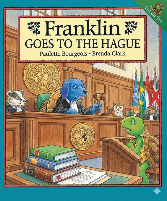 An AI "Franklin":https://knowyourmeme.com/memes/subcultures/franklin-the-turtle book cover parody by oelayat. The book is titled, "Franklin Goes to the Hague."