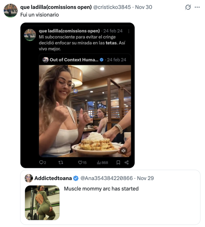 que ladilla (comissions open) @cristicko3845 Nov 30 Fui un visionario que ladilla (comissions open) 24 feb 24 Mi subconsciente para evitar el cringe decidió enfocar su mirada en las tetas. Así vivo mejor. Out of Context Huma... .24 feb 24 22 15 868 Addictedtoana @Ana354384220866 Nov 29 Muscle mommy arc has started ...