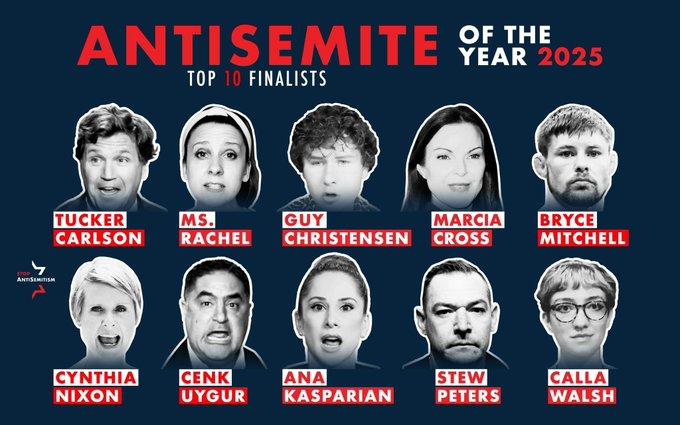 A list of the top 10 nominees for StopAntisemitism's Antisemite of the Year awards 2025. Ms. Rachel is in the running, alongside people like Tucker Carlson and Cenk Uygur.