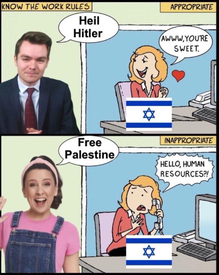 A "human resources":https://knowyourmeme.com/memes/hello-human-resources meme. The meme is about Nick Fuentes' exclusion from Antisemite of the year 2025 nominees.