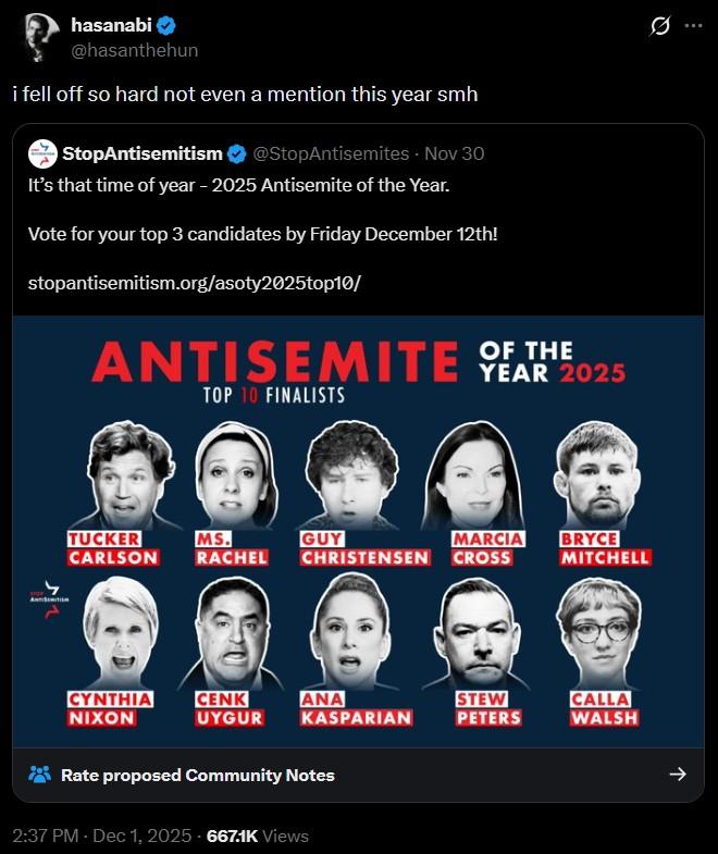 A tweet by Hasan Piker. He reacts to not being nominated for Antisemite of the year.
