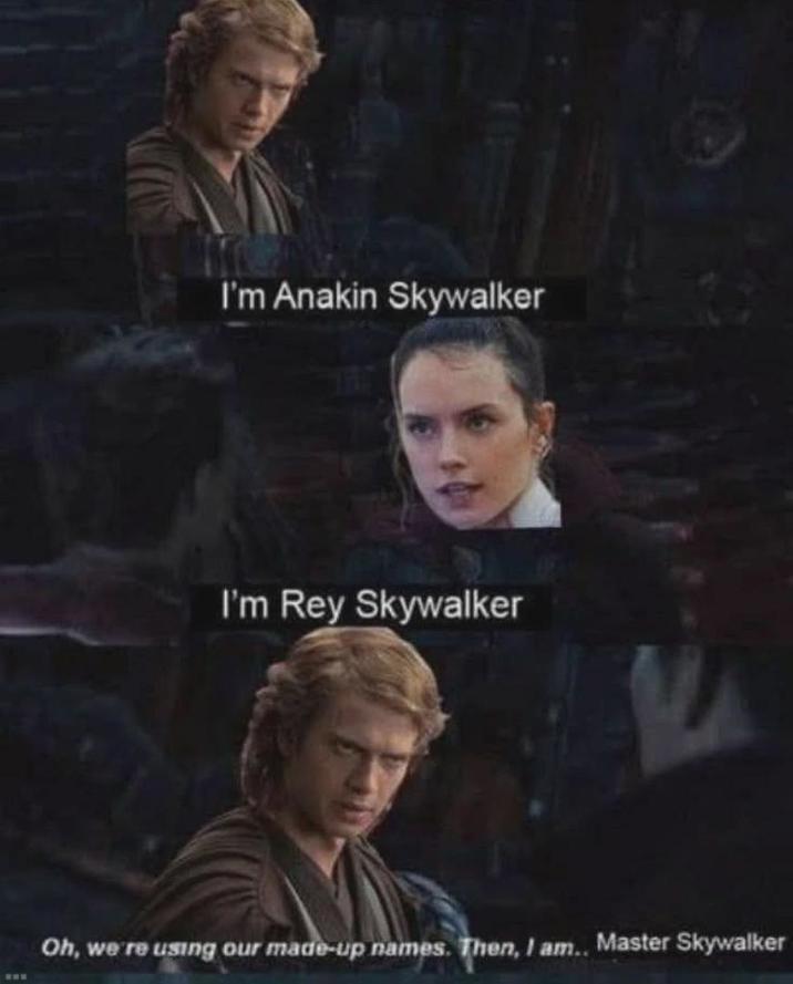 I'm Anakin Skywalker I'm Rey Skywalker Oh, we're using our made-up names. Then, I am.. Master Skywalker