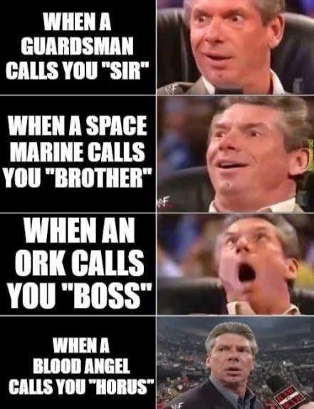 WHEN A GUARDSMAN CALLS YOU "SIR" WHEN A SPACE MARINE CALLS YOU "BROTHER" WHEN AN ORK CALLS YOU "BOSS" WHEN A BLOOD ANGEL CALLS YOU "HORUS"