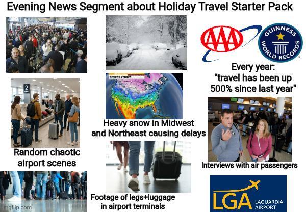 Evening News Segment about Holiday Travel Starter Pack GUINNESS TEMPERATURES Heavy snow in Midwest and Northeast causing delays WORLD CORDS Every year: "travel has been up 500% since last year" Random chaotic airport scenes Interviews with air passengers Imgflip.com Footage of legs+luggage in airport terminals LGA LAGUARDIA AIRPORT