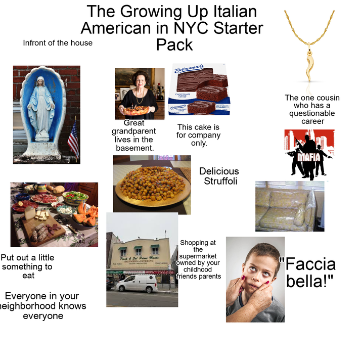 The Growing Up Italian American in NYC Starter Infront of the house Pack Entenmann's CHOCOLATE FUDGE Great grandparent lives in the basement. Entenmann's This cake is for company only. The one cousin who has a questionable career Delicious Struffoli MAFIA Put out a little something to eat Everyone in your neighborhood knows everyone Frank & Sal Prime Meats SALUMERIA CATERING TALIAN SPECIALT Shopping at the supermarket owned by your childhood friends parents "Faccia bella!"
