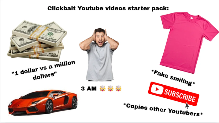 Clickbait Youtube videos starter pack: 90490962H 100 100 "1 dollar vs a million dollars" 3 AM *Fake smiling* SUBSCRIBE *Copies other Youtubers*