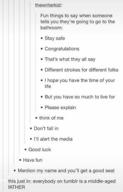 thewriterkid: Fun things to say when someone tells you they're going to go to the bathroom: • Stay safe • Congratulations That's what they all say • Different strokes for different folks I hope you have the time of your life But you have so much to live for • Please explain ⚫ think of me Don't fall in • I'll alert the media Good luck Have fun •Mention my name and you'll get a good seat this just in: everybody on tumblr is a middle-aged FATHER