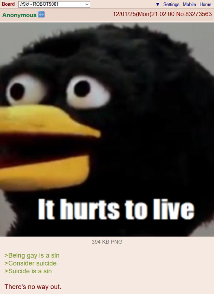 Board /r9k/ - ROBOT9001 Anonymous Settings Mobile Home 12/01/25(Mon)21:02:00 No.83273563 It hurts to live >Being gay is a sin >Consider suicide >Suicide is a sin There's no way out. 394 KB PNG