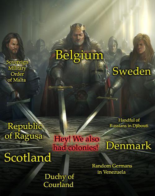 Sovereign Military Order of Malta Belgium Sweden Republic of Ragusa Scotland Hey! We also Handful of Russians in Djibouti had colonies! Denmark Duchy of Courland Random Germans in Venezuela