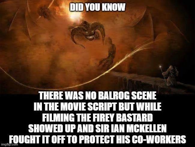 DID YOU KNOW THERE WAS NO BALROG SCENE IN THE MOVIE SCRIPT BUT WHILE FILMING THE FIREY BASTARD SHOWED UP AND SIR IAN MCKELLEN FOUGHT IT OFF TO PROTECT HIS CO-WORKERS imgflip.com