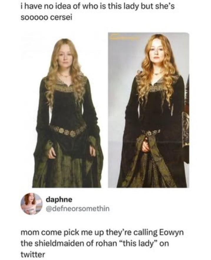 i have no idea of who is this lady but she's sooooo cersei daphne @defneorsomethin mom come pick me up they're calling Eowyn the shieldmaiden of rohan "this lady" on twitter