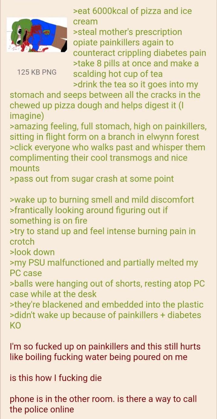 125 KB PNG >eat 6000kcal of pizza and ice cream >steal mother's prescription opiate painkillers again to counteract crippling diabetes pain >take 8 pills at once and make a scalding hot cup of tea >drink the tea so it goes into my stomach and seeps between all the cracks in the chewed up pizza dough and helps digest it (I imagine) >amazing feeling, full stomach, high on painkillers, sitting in flight form on a branch in elwynn forest >click everyone who walks past and whisper them complimenting their cool transmogs and nice mounts >pass out from sugar crash at some point >wake up to burning smell and mild discomfort >frantically looking around figuring out if something is on fire >try to stand up and feel intense burning pain in crotch >look down >my PSU malfunctioned and partially melted my PC case >balls were hanging out of shorts, resting atop PC case while at the desk >they're blackened and embedded into the plastic >didn't wake up because of painkillers + diabetes KO I'm so f----- up on painkillers and this still hurts like boiling f------ water being poured on me is this how I f------ die phone is in the other room. is there a way to call the police online