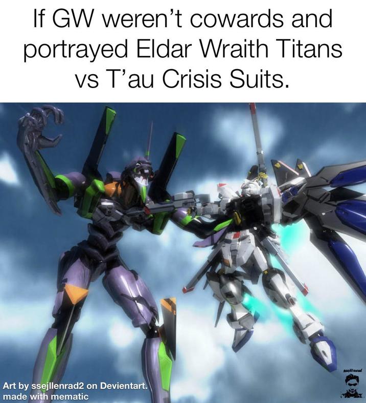 If GW weren't cowards and portrayed Eldar Wraith Titans vs T'au Crisis Suits. Art by ssejllenrad2 on Devientart. made with mematic sajttmead