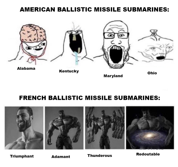 AMERICAN BALLISTIC MISSILE SUBMARINES: Alabama Kentucky Ohio Maryland FRENCH BALLISTIC MISSILE SUBMARINES: Triumphant Adamant Thunderous Redoutable