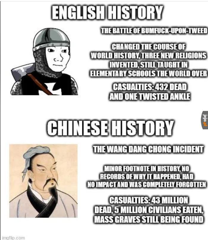 imgflip.com ENGLISH HISTORY THE BATTLE OF B-------UPON-TWEED CHANGED THE COURSE OF WORLD HISTORY, THREE NEW RELIGIONS INVENTED, STILL TAUGHT IN ELEMENTARY SCHOOLS THE WORLD OVER CASUALTIES: 432 DEAD AND ONE TWISTED ANKLE CHINESE HISTORY THE WANG DANG CHONG INCIDENT jeja.pl MINOR FOOTNOTE IN HISTORY, NO RECORDS OF WHY IT HAPPENED, HAD NO IMPACT AND WAS COMPLETELY FORGOTTEN CASUALTIES: 43 MILLION DEAD, 5 MILLION CIVILIANS EATEN, MASS GRAVES STILL BEING FOUND