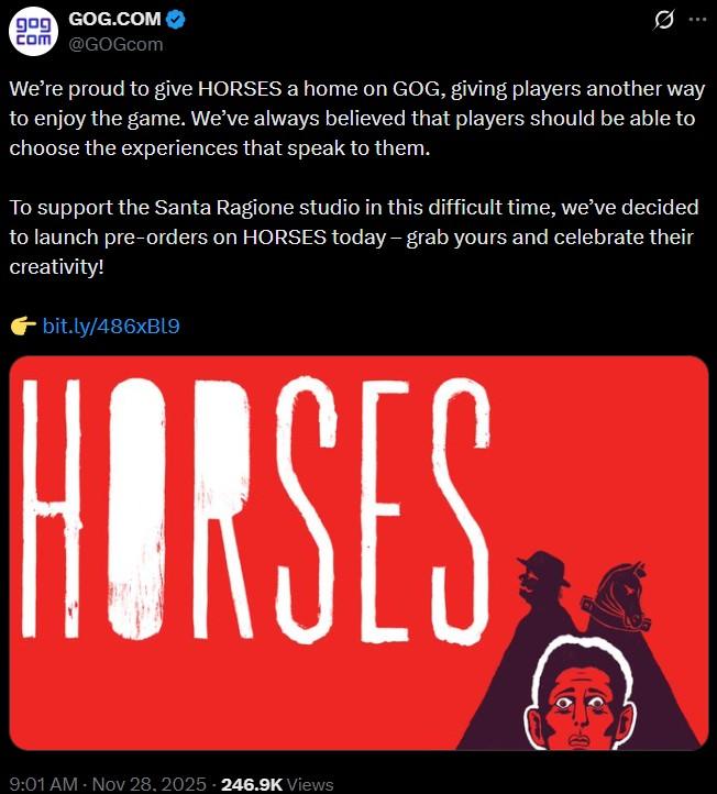 A post by GOG. The post announces pre-orders for Horses.