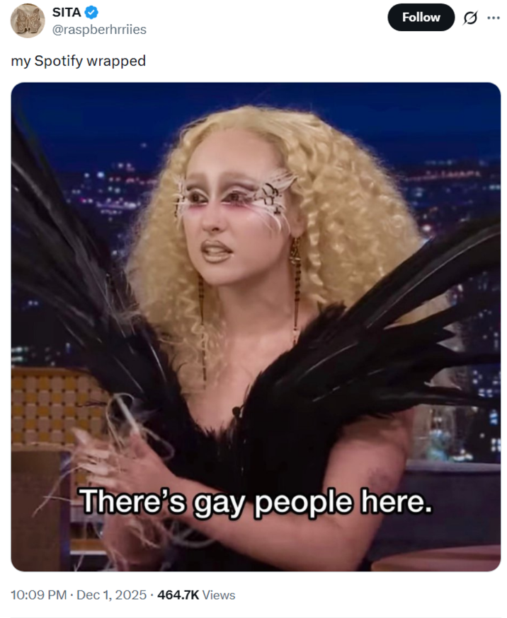 SITA @raspberhrriies my Spotify wrapped Follow There's gay people here. • 10:09 PM ⚫ Dec 1, 2025 464.7K Views ...