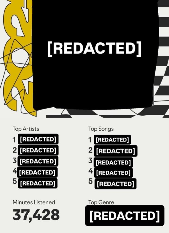 [REDACTED] Top Artists 1 [REDACTED] 2 [REDACTED] 3 [REDACTED] Top Songs 1 [REDACTED] 2 [REDACTED] [REDACTED] 4 [REDACTED] [REDACTED] [REDACTED] 5 Minutes Listened 37,428 [REDACTED] Top Genre [REDACTED]