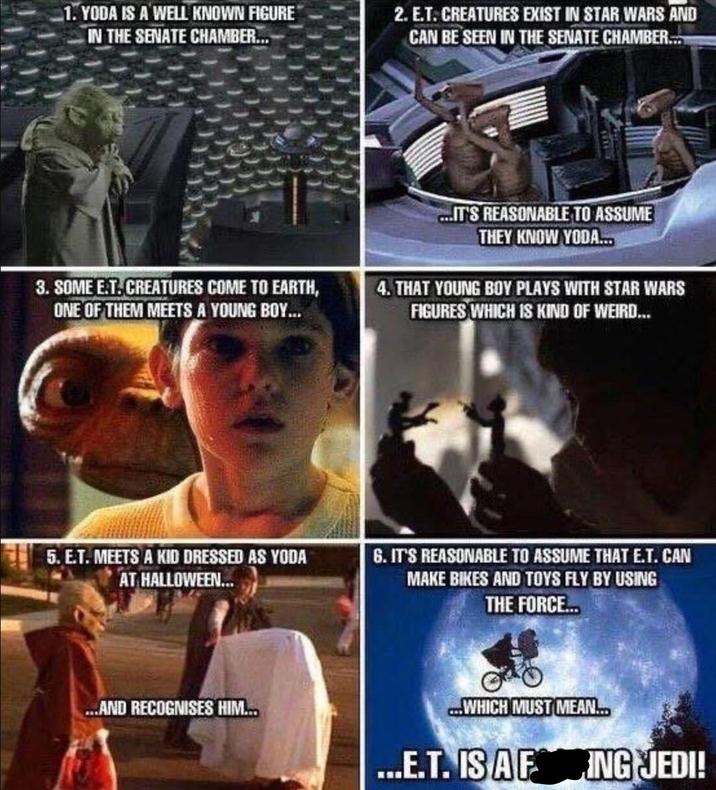 1. YODA IS A WELL KNOWN FIGURE IN THE SENATE CHAMBER... 2. E.T. CREATURES EXIST IN STAR WARS AND CAN BE SEEN IN THE SENATE CHAMBER.... 3. SOME E.T. CREATURES COME TO EARTH, ONE OF THEM MEETS A YOUNG BOY... ...IT'S REASONABLE TO ASSUME THEY KNOW YODA... 4. THAT YOUNG BOY PLAYS WITH STAR WARS FIGURES WHICH IS KIND OF WEIRD... 5. E.T. MEETS A KID DRESSED AS YODA AT HALLOWEEN... 6. IT'S REASONABLE TO ASSUME THAT E.T. CAN MAKE BIKES AND TOYS FLY BY USING THE FORCE... ...AND RECOGNISES HIM... ...WHICH MUST MEAN... ...E.T. IS A FING JEDI!