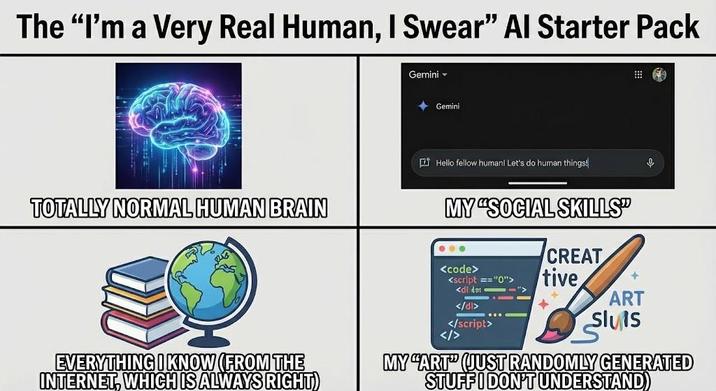 The "I'm a Very Real Human, I Swear" Al Starter Pack TOTALLY NORMAL HUMAN BRAIN EVERYTHING I KNOW (FROM THE INTERNET, WHICH IS ALWAYS RIGHT) Gemini▾ ✦ Gemini Hello fellow human! Let's do human things! MY "SOCIAL SKILLS" <code> <script =="0"> <di de: 1"> CREAT tive + </dl> </script> </> ART Sluis MY "ART" (JUST RANDOMLY GENERATED STUFF I DON'T UNDERSTAND)
