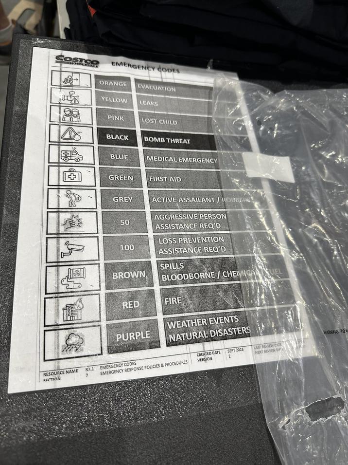 COSTCO WHOLESALE RESOURCE NAME SECTION EMERGENCY CODES ORANGE EVACUATION YELLOW LEAKS PINK LOST CHILD BLACK BOMB THREAT BLUE MEDICAL EMERGENCY GREEN FIRST AID GREY ACTIVE ASSAILANT / ROBBER 50 AGGRESSIVE PERSON ASSISTANCE REQ'D LOSS PREVENTION 100 ASSISTANCE REQ'D SPILLS BROWN BLOODBORNE/CHEMIGANUEL RED FIRE WEATHER EVENTS PURPLE NATURAL DISASTERS R7.1 EMERGENCY CODES 7 EMERGENCY RESPONSE POLICIES & PROCEDURES CREATED DATE VERSION SEPT 2023 2 LAST REVIEW DATE NEXT REVIEW DAT WARNING-TO