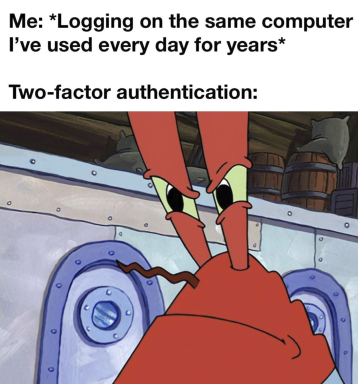 Me: *Logging on the same computer I've used every day for years* Two-factor authentication: 0 o o