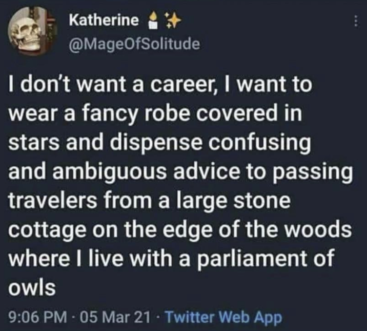 Katherine @MageOfSolitude I don't want a career, I want to wear a fancy robe covered in stars and dispense confusing and ambiguous advice to passing travelers from a large stone cottage on the edge of the woods where I live with a parliament of owls 9:06 PM - 05 Mar 21 - Twitter Web App