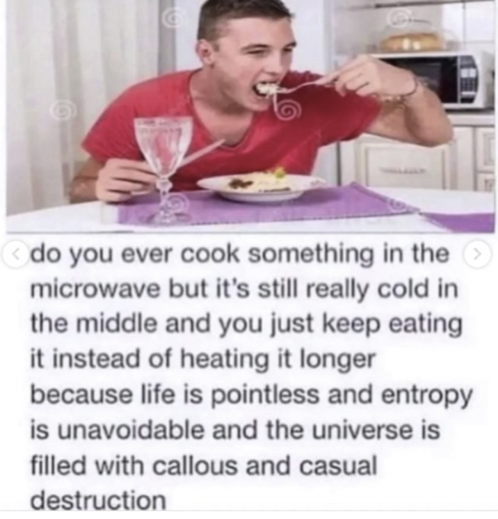 3 do you ever cook something in the > microwave but it's still really cold in the middle and you just keep eating it instead of heating it longer because life is pointless and entropy is unavoidable and the universe is filled with callous and casual destruction