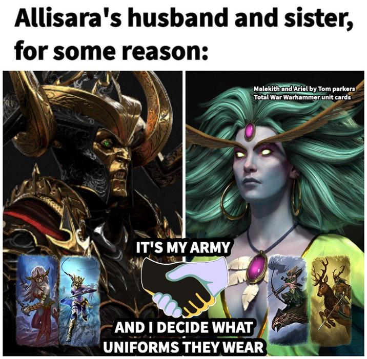 Allisara's husband and sister, for some reason: IT'S MY ARMY Malekith and Ariel by Tom parkers Total War Warhammer unit cards AND I DECIDE WHAT UNIFORMS THEY WEAR