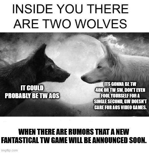 INSIDE YOU THERE ARE TWO WOLVES IT COULD PROBABLY BE TW AOS ITS GONNA BE TW 40K OR TW SW, DON'T EVEN FOOL YOURSELF FOR A SINGLE SECOND, GW DOESN'T CARE FOR AOS VIDEO GAMES. WHEN THERE ARE RUMORS THAT A NEW FANTASTICAL TW GAME WILL BE ANNOUNCED SOON. imgflip.com