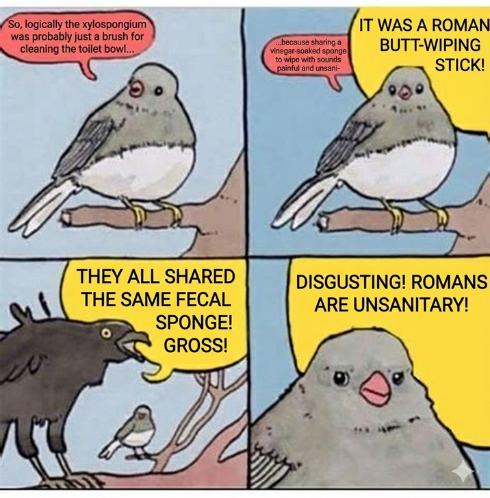 So, logically the xylospongium was probably just a brush for cleaning the toilet bowl... ...because sharing a vinegar-soaked sponge to wipe with sounds painful and unsani- IT WAS A ROMAN BUTT-WIPING STICK! THEY ALL SHARED THE SAME FECAL SPONGE! GROSS! DISGUSTING! ROMANS ARE UNSANITARY!