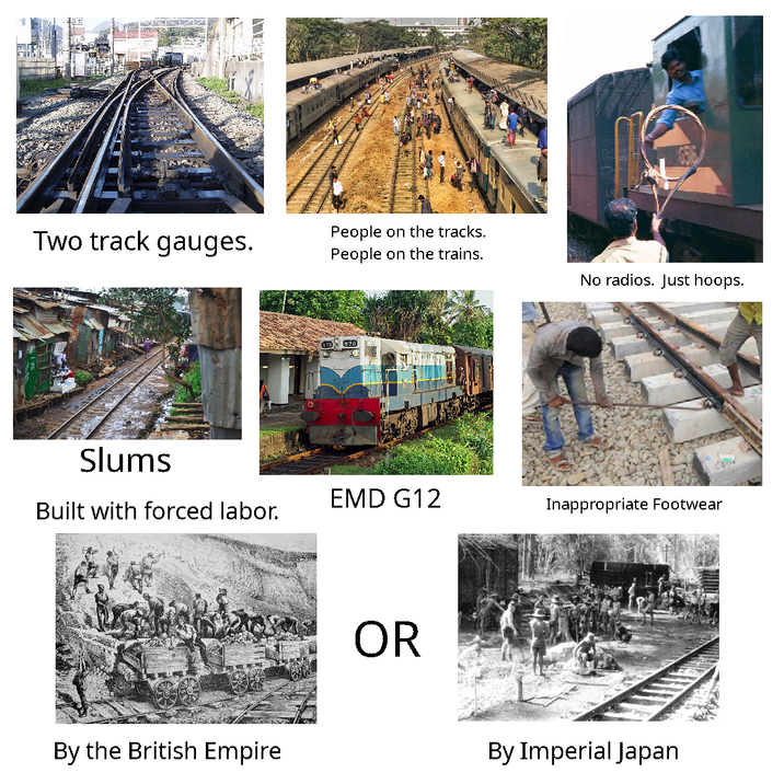 Two track gauges. People on the tracks. People on the trains. No radios. Just hoops. 570 Slums EMD G12 Built with forced labor. Inappropriate Footwear By the British Empire OR By Imperial Japan