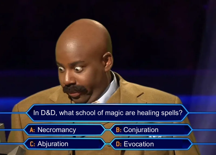 In D&D, what school of magic are healing spells? A: Necromancy C: Abjuration B: Conjuration D: Evocation