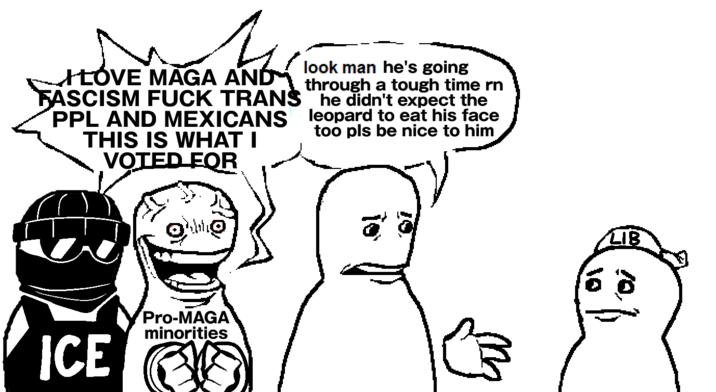 4 ILOVE MAGA AND look man he's going through a tough time rn FASCISM F--- TRANS he didn't expect the PPL AND MEXICANS THIS IS WHAT I VOTED FOR leopard to eat his face too pls be nice to him ICE Pro-MAGA minorities JO 凸 LIB 10