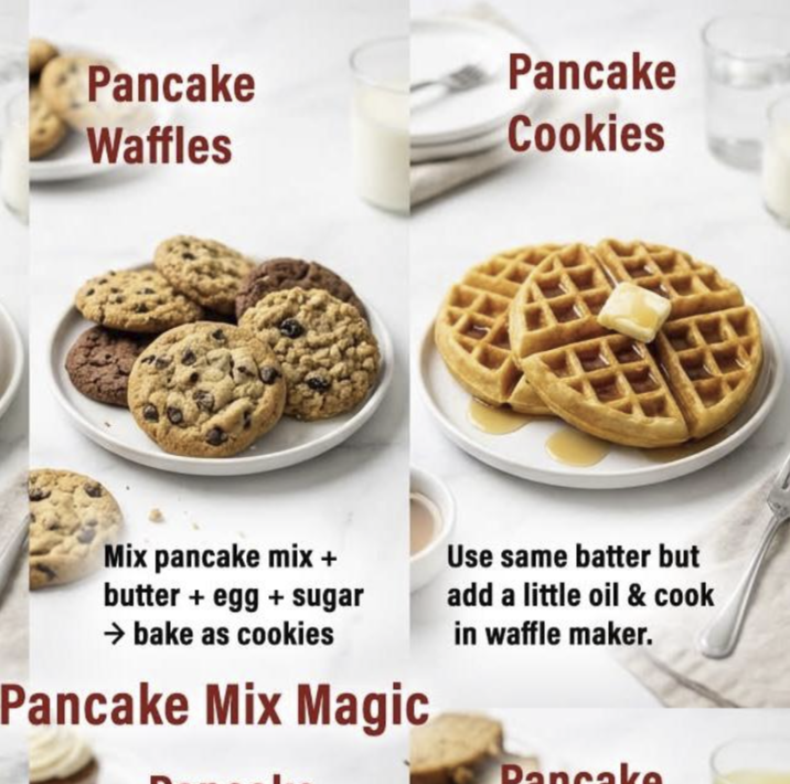 Pancake Waffles Pancake Cookies Mix pancake mix + butter + egg + sugar → bake as cookies Pancake Mix Magic Use same batter but add a little oil & cook in waffle maker. Pancake