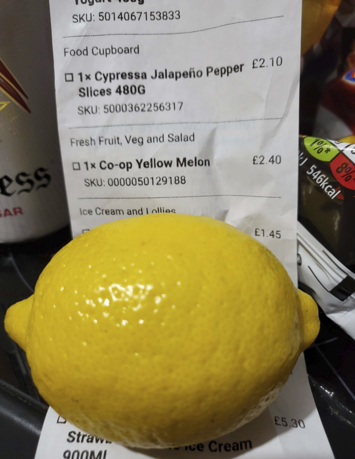 ess SAR SKU: 5014067153833 Food Cupboard 1x Cypressa Jalapeño Pepper £2.10 Slices 480G SKU: 5000362256317 Fresh Fruit, Veg and Salad 1x Co-op Yellow Melon £2.40 SKU: 0000050129188 Ice Cream and Lollies £1.45 1%* 8% 546kcal Straw.. 900ML Ice Cream £5.30