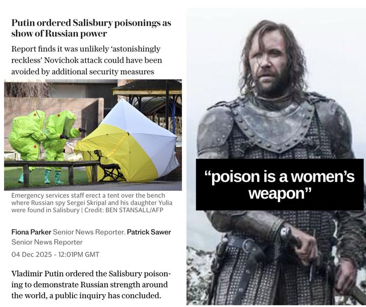 Putin ordered Salisbury poisonings as show of Russian power Report finds it was unlikely ‘astonishingly reckless' Novichok attack could have been avoided by additional security measures ROTARY WISHING WELL Please Give enerously Sponsored by Salisbury Glass,Centre Ltdh Charity No:-1039 Emergency services staff erect a tent over the bench where Russian spy Sergei Skripal and his daughter Yulia were found in Salisbury | Credit: BEN STANSALL/AFP Fiona Parker Senior News Reporter. Patrick Sawer Senior News Reporter 04 Dec 2025 - 12:01PM GMT Vladimir Putin ordered the Salisbury poison- ing to demonstrate Russian strength around the world, a public inquiry has concluded. "poison is a women's weapon"
