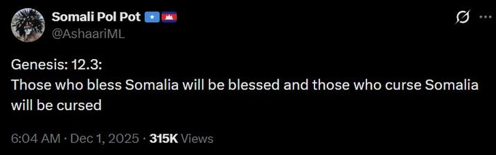A fake Bible verse. It reads, "Those who bless Somalia will be blessed and those who curse Somalia will be cursed."