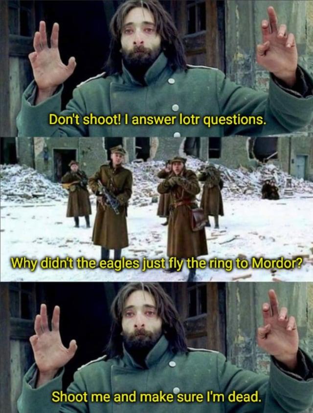 Don't shoot! I answer lotr questions. Why didn't the eagles just fly the ring to Mordor? Shoot me and make sure I'm dead.