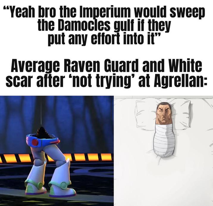 "Yeah bro the Imperium would sweep the Damocles gulf if they put any effort into it" Average Raven Guard and White scar after 'not trying' at Agrellan: