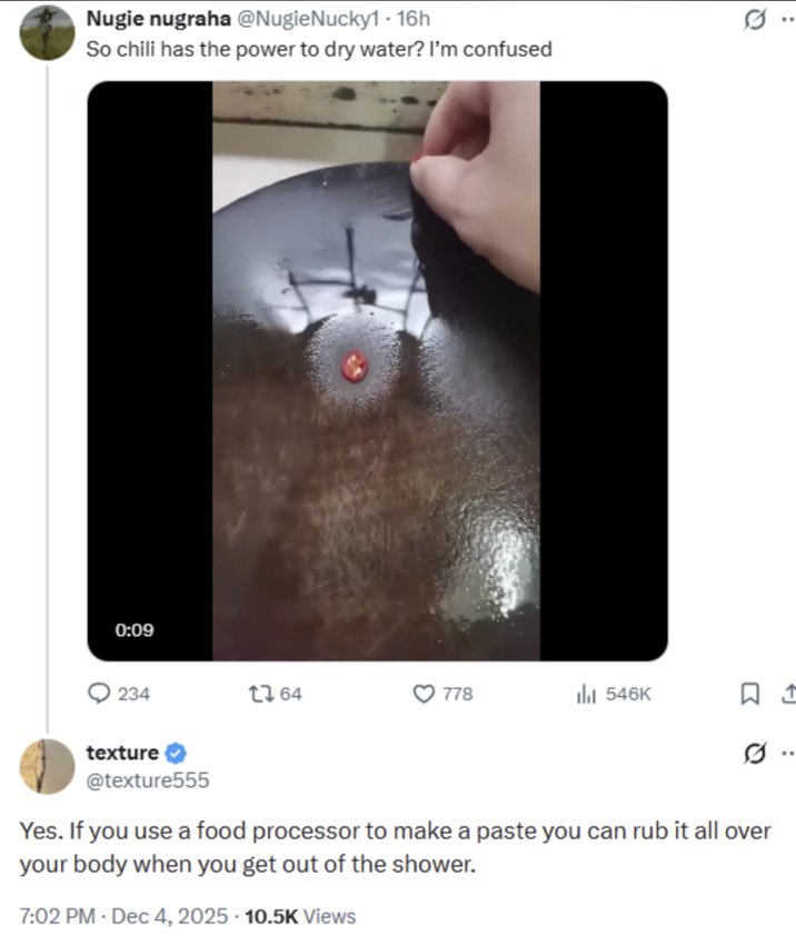 Nugie nugraha @NugieNucky1 - 16h So chili has the power to dry water? I'm confused 0:09 234 1764 778 lil 546K ☐ 1 texture ⭑ @texture555 Yes. If you use a food processor to make a paste you can rub it all over your body when you get out of the shower. 7:02 PM - Dec 4, 2025 - 10.5K Views