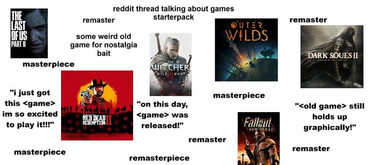 THE LAST OF US PART II remaster reddit thread talking about games some weird old game for nostalgia bait masterpiece "i just got this <game> im so excited to play it!!!" masterpiece starterpack THE WITCHER WILD HUNT ROCKSTAR GAMES HIESESTS RED DEAD REDEMPTION "on this day, <game> was released!" remasterpiece remaster OUTER WILDS masterpiece remaster Fallout NEW VEGAS DARK SOULS II SCHOLAR OF THE FIRST SIN "<old game> still holds up graphically!" remaster