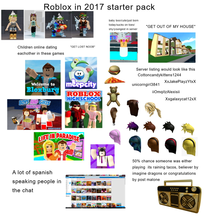Roblox in 2017 starter pack Children online dating eachother in these games "GET LOST NOOB" baby boo/cute/just born today/sucks on toes/ shy/youngest in server "GET OUT OF MY HOUSE" Server listing would look like this Cottoncandykittens1244 XxJakePlayzYtxX unicorngirl3841 ROBLOX HIGH SCHOOL iiOmqitzAlexisii Xxgalaxycat12xX Welcome to Bloxburg BOYS AND GIRLS HANGOUT meepcity DEMSKITTLESDOEE LIFE IN PARADISE A lot of spanish speaking people in the chat 50% chance someone was either playing its raining tacos, believer by imagine dragons or congratulations by post malone
