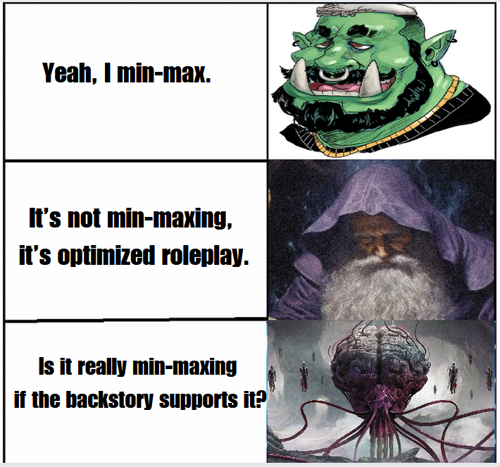 Yeah, I min-max. It's not min-maxing, it's optimized roleplay. Is it really min-maxing if the backstory supports it?
