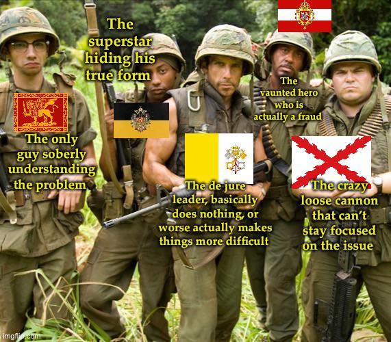 The superstar hiding his true form The vaunted hero who is actually a fraud The only guy soberly understanding the problem The de jure leader, basically does nothing, or worse actually makes things more difficult The crazy loose cannon that can't stay focused on the issue imgf.com