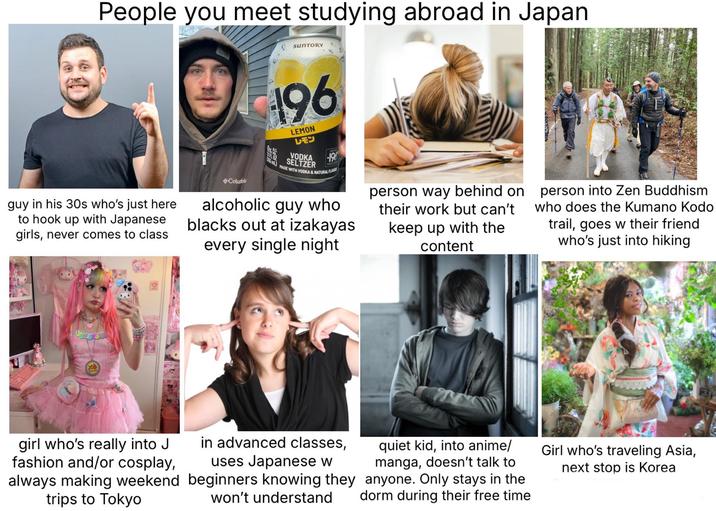 People you meet studying abroad in Japan SUNTORY guy in his 30s who's just here to hook up with Japanese girls, never comes to class Columbi 196 LEMON レモン VODKA SELTZER -196 55 mL) MADE WITH VODKA & NATURAL FLA alcoholic guy who blacks out at izakayas every single night person way behind on their work but can't keep up with the content person into Zen Buddhism who does the Kumano Kodo trail, goes w their friend who's just into hiking girl who's really into J. fashion and/or cosplay, always making weekend trips to Tokyo in advanced classes, uses Japanese w beginners knowing they won't understand quiet kid, into anime/ manga, doesn't talk to anyone. Only stays in the dorm during their free time Girl who's traveling Asia, next stop is Korea