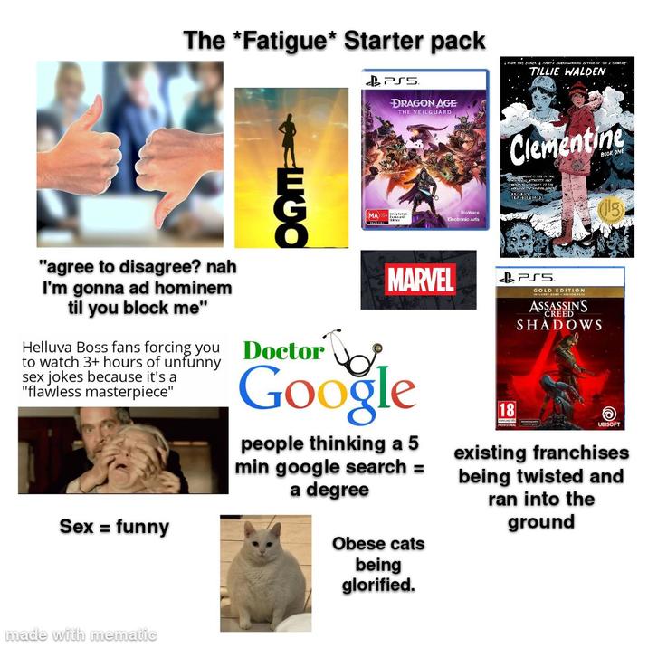 The *Fatigue* Starter pack PSS DRAGON AGE THE VEILGUARD FROM THE EISNER & ISNATZ AWARD-WINNING AUTHOR OF "Oll A soovardę“ TILLIE WALDEN סטי MA 15+ BioWare Electronic Arts Clementine (ils) "agree to disagree? nah I'm gonna ad hominem til you block me" Helluva Boss fans forcing you Doctor to watch 3+ hours of unfunny sex jokes because it's a "flawless masterpiece" Sex = funny MARVEL Google people thinking a 5 min google search = a degree Obese cats being glorified. 18 www.peg PSS GOLD EDITION INCLUDES SAME SEASON PAS CREED ASSASSIN'S SHADOWS UBISOFT existing franchises being twisted and ran into the ground made with mematic