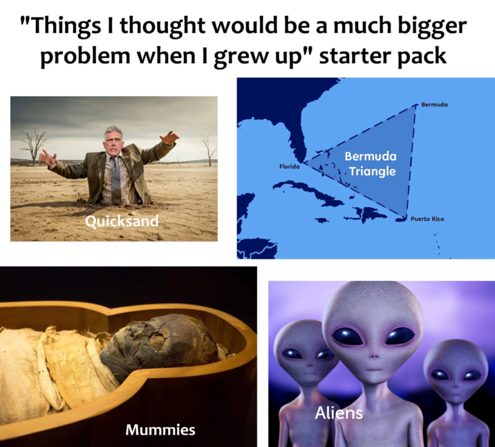 "Things I thought would be a much bigger problem when I grew up" starter pack M Florida Bermuda .Triangle Quicksand Aliens Mummies Bermuda Puerto Rico