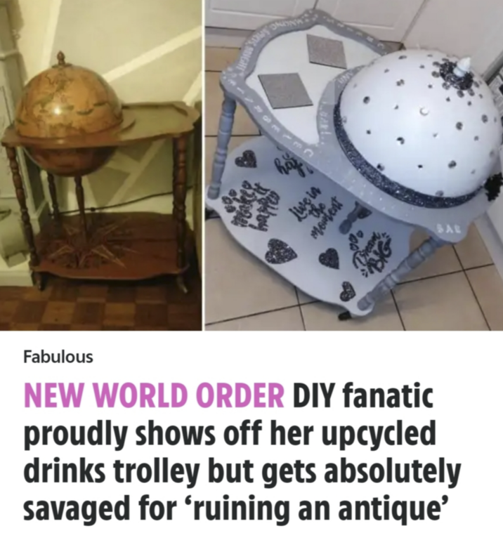Fabulous 1883 Live in the moment Bream BIG NEW WORLD ORDER DIY fanatic proudly shows off her upcycled drinks trolley but gets absolutely savaged for 'ruining an antique' SAL
